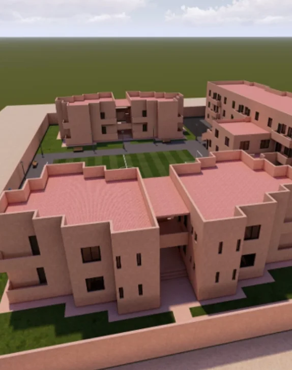 Impressie van het complex met gezinshuizen in Ouarzazate
